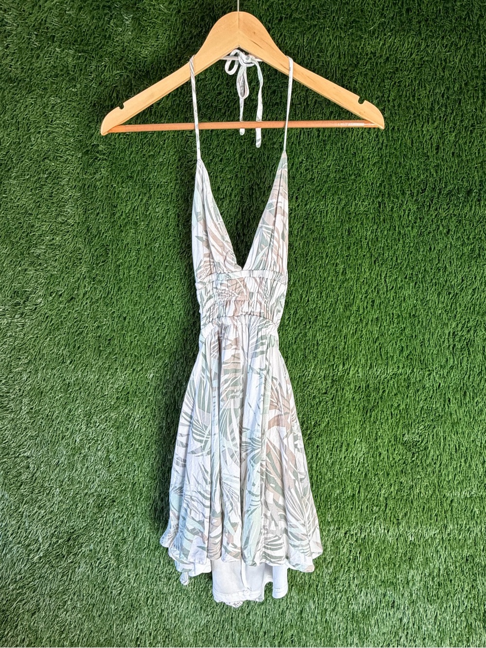 Windsor Pale Green & Beige Tropical Halter Mini Dress